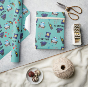 Cute Police Officer en Car Birthday Party Cadeaupapier