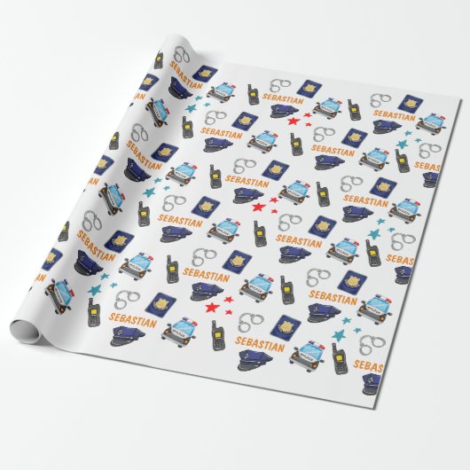 Cute Police Officer en Car Birthday Party Cadeaupapier (Uitgerold)