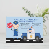 Cute Policeman Heroes Birthday Uitnodiging (Staand voorkant)