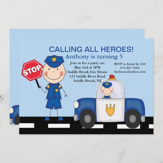 Cute Policeman Heroes Birthday Uitnodiging (Voorkant / Achterkant)