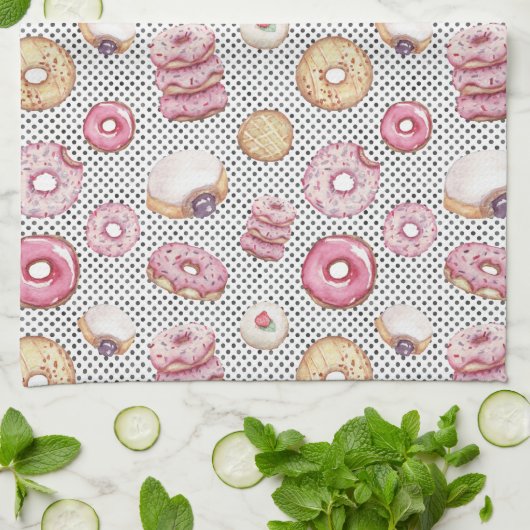 Cute Polka donuts roze Black Dot Pattern Theedoek (Gevouwen)
