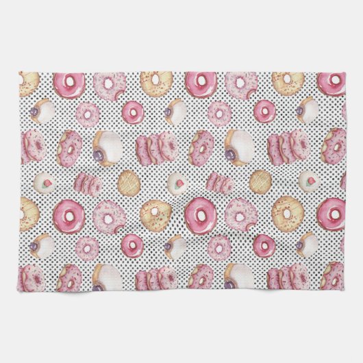 Cute Polka donuts roze Black Dot Pattern Theedoek (Horizontaal)