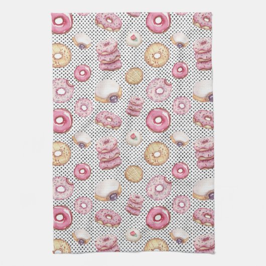 Cute Polka donuts roze Black Dot Pattern Theedoek (Verticaal)