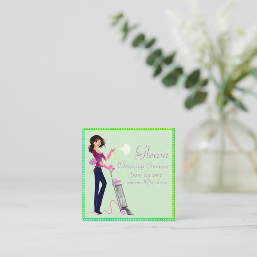 Cute Polka Dot Cleaning Service Lady Vierkante Visitekaartje (Staand voorkant)