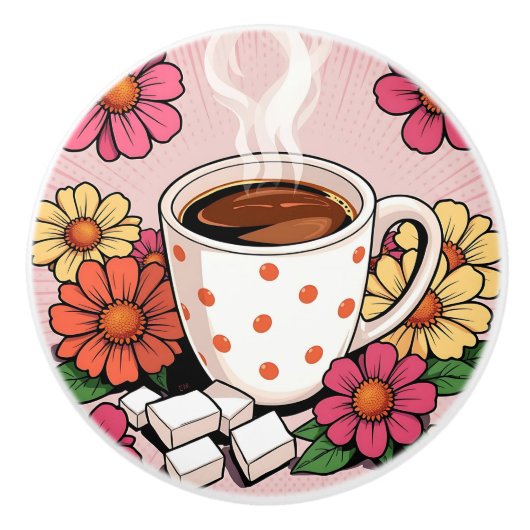 Cute Polka Dot Coffee Cup and Flowers Keramische Knop (Voorkant)
