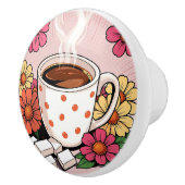 Cute Polka Dot Coffee Cup and Flowers Keramische Knop (Rechts)