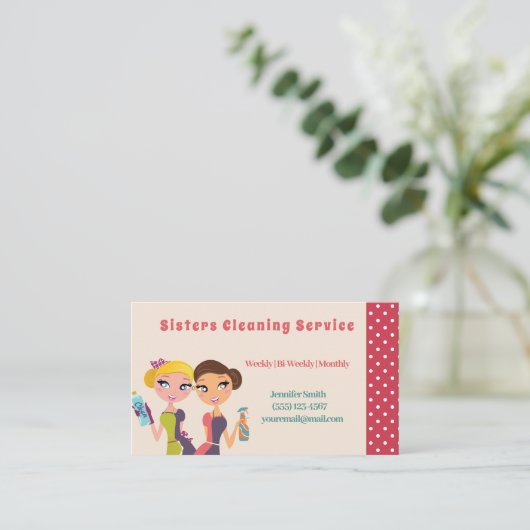 Cute Polka Dot Maid House CleanService Visitekaartje (Staand voorkant)
