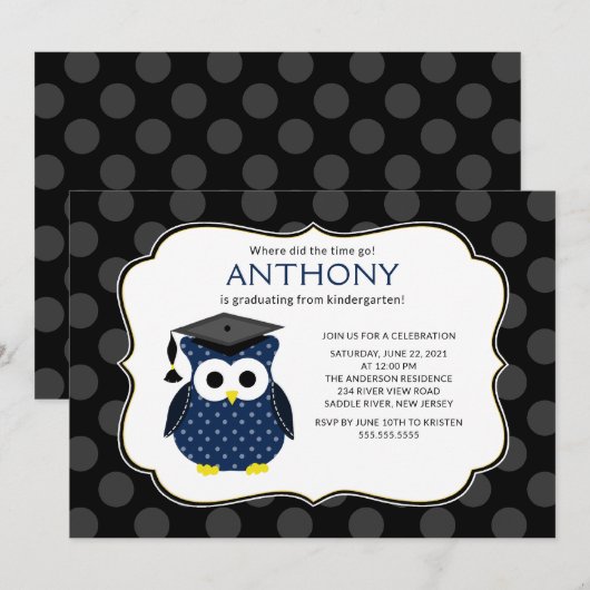 Cute Polka dots Afstudeerder Owl Boy Afstuderen Kaart (Voorkant / Achterkant)