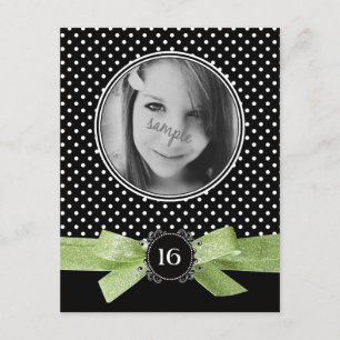 Cute Polka Dots Photo Sweet 16 Lime Green Ribbon Kaart