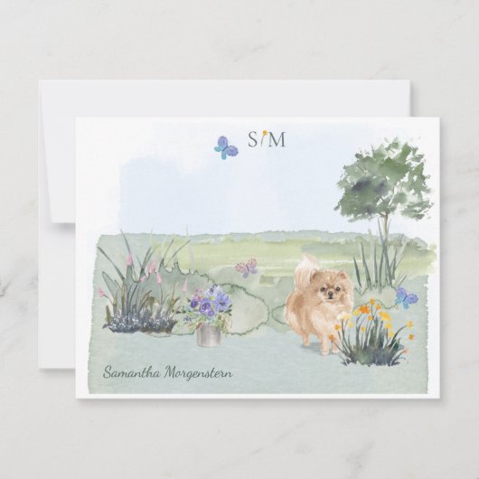Cute Pomeranian Butterfly Monogram & Name     Notitiekaartje (Voorkant)