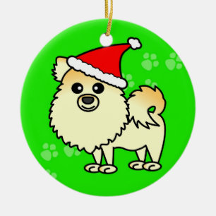 Cute Pomeranian Cartoon Santa Hat Keramisch Ornament