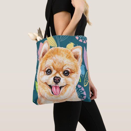Cute Pomeranian Colorful Flowers Tote Bag (Dichtbij)