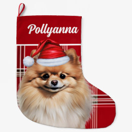Cute Pomeranian Dog Red White Plaid Custom Grote Kerstsok