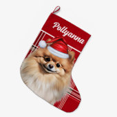 Cute Pomeranian Dog Red White Plaid Custom Grote Kerstsok (Voorkant (Hangend))
