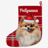Cute Pomeranian Dog Red White Plaid Custom Grote Kerstsok (Achterkant)