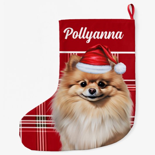 Cute Pomeranian Dog Red White Plaid Custom Grote Kerstsok (Achterkant)
