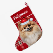 Cute Pomeranian Dog Red White Plaid Custom Grote Kerstsok (Achterkant (Hangend))