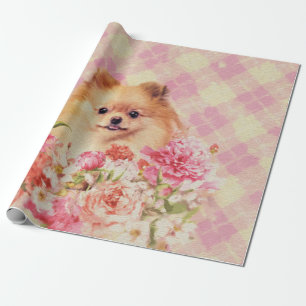 Cute Pomeranian German Spitz met Flowers Cadeaupapier
