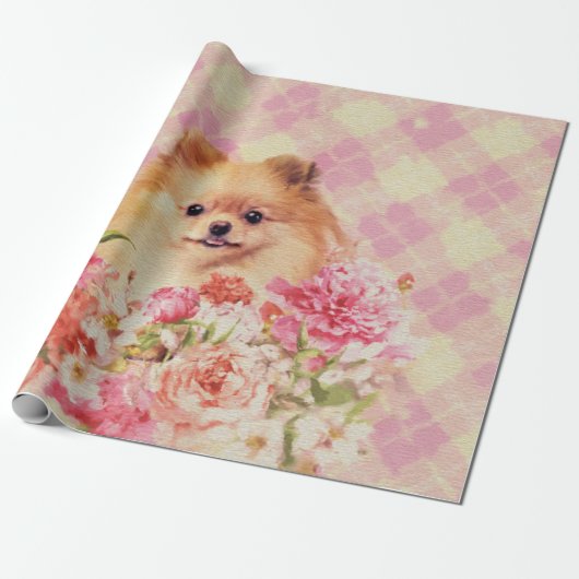 Cute Pomeranian German Spitz met Flowers Cadeaupapier (Uitgerold)