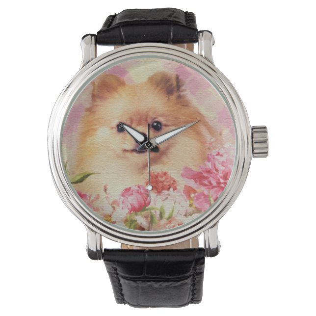 Cute Pomeranian German Spitz met Flowers Horloge (Voorkant)