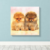 Cute Pomeranian German Spitz Puppies Canvas Afdruk (Insitu (Houten vloer))