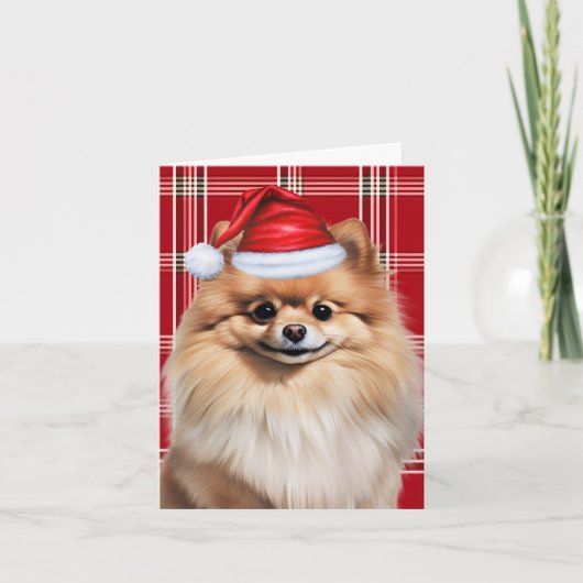 Cute Pomeranian Santa Dog Red White Plaid Feestdagen Kaart (Voorkant)