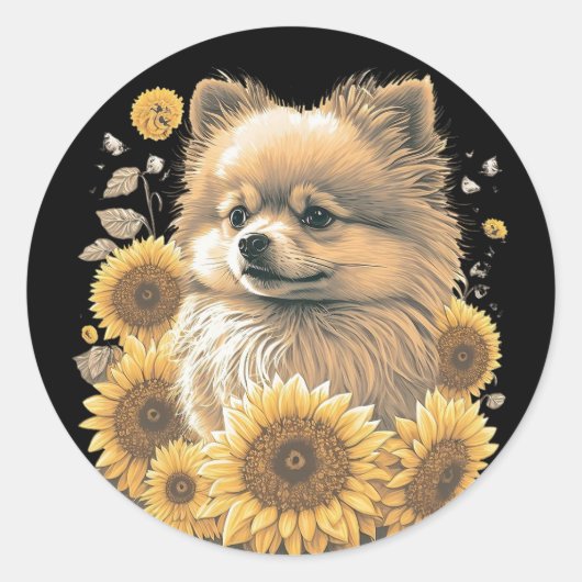 Cute Pomeranian Sunflower Lover Drawing Art Ronde Sticker (Voorkant)