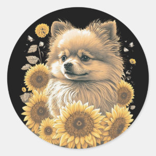 Cute Pomeranian Sunflower Lover Drawing Art Ronde Sticker