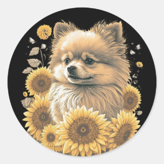 Cute Pomeranian Sunflower Lover Drawing Art Ronde Sticker