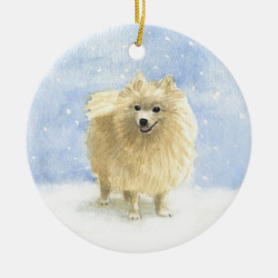 Cute Pommeren Eskie Dog in de sneeuwWaterverf Keramisch Ornament