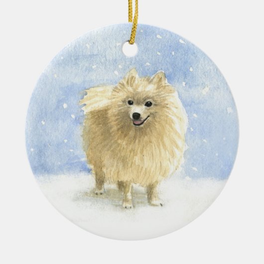 Cute Pommeren Eskie Dog in de sneeuwWaterverf Keramisch Ornament (Voorkant)