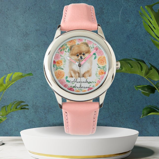 Cute Pommeren met waterverf bloemen monogram Horloge (Creator heeft geüpload)