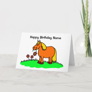 Cute Pony Munching Flower Cartoon Birthday Kaart