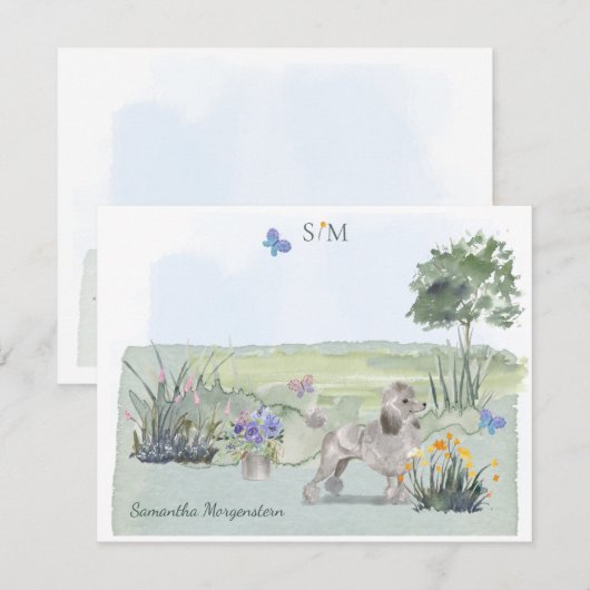 Cute Poodle Butterfly Meadow Monogram & Naam     Notitiekaartje (Voorkant / Achterkant)