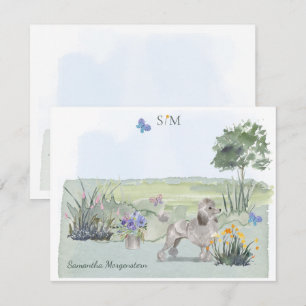 Cute Poodle Butterfly Meadow Monogram & Naam     Notitiekaartje