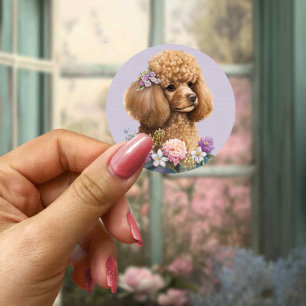 Cute Poodle Dog Floral Paars Girly Waterverf Ronde Sticker