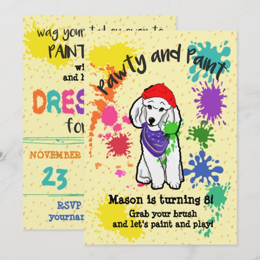 Cute Poodle Dog Fun Art Birthday Party Invitation Kaart (Voorkant / Achterkant)