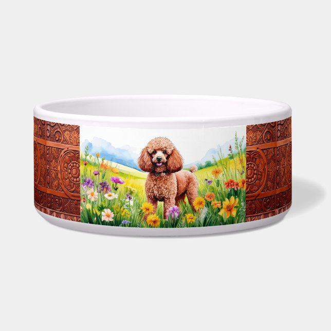 Cute Poodle en Wilde Bloemen Voerbakje (Voorkant)