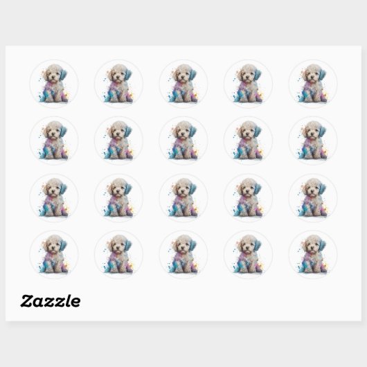 Cute Poodle Waterverf Art Ronde Sticker (Vel)