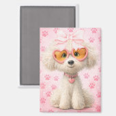 Cute Poodle with Pink Paw Prints and Bow Magnet (Voorkant / Achterkant)
