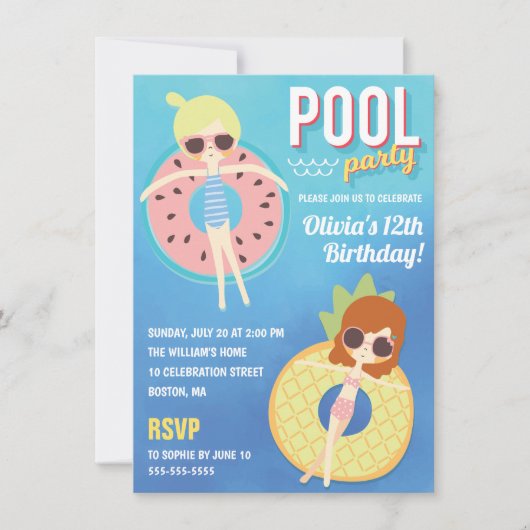 Cute Pool Party Waterverf | Girl Birthday Kaart (Voorkant)