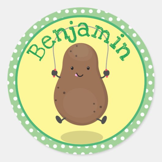 Cute potato skipping rope cartoon ronde sticker (Voorkant)