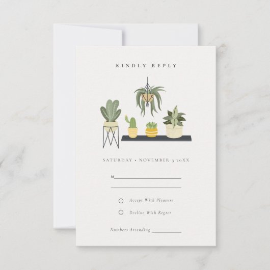 Cute Potted Leafy Succulent Planten Wedding RSVP (Voorkant)
