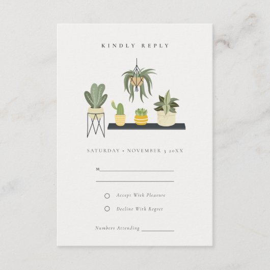 Cute Potted Leafy Succulent Planten Wedding RSVP Informatiekaartje (Voorkant)