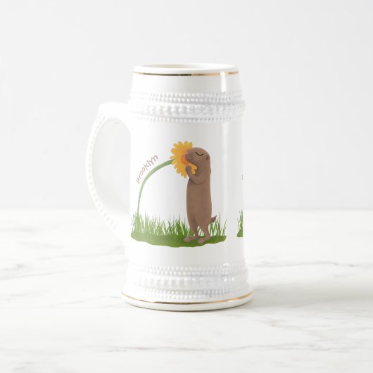 Cute prairie dog sniffing flower cartoon bierpul (Voorkant links)