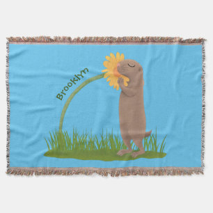 Cute prairie dog sniffing flower cartoon deken