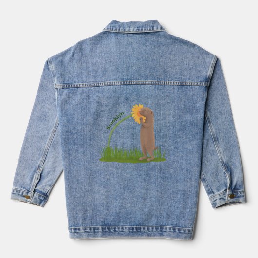 Cute prairie dog sniffing flower cartoon denim jacket (Achterkant)
