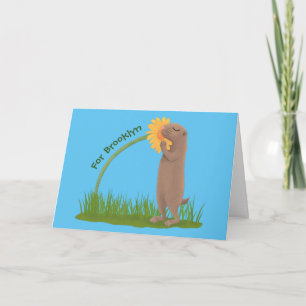 Cute prairie dog sniffing flower cartoon kaart