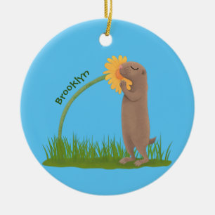 Cute prairie dog sniffing flower cartoon keramisch ornament