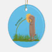 Cute prairie dog sniffing flower cartoon keramisch ornament (Links)